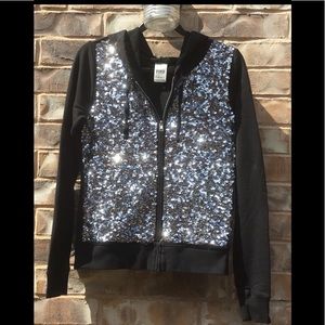 PINK Victoria’s Secret Mega Bling Full-Zip Sequins Hoodie Black/Silver Sz S